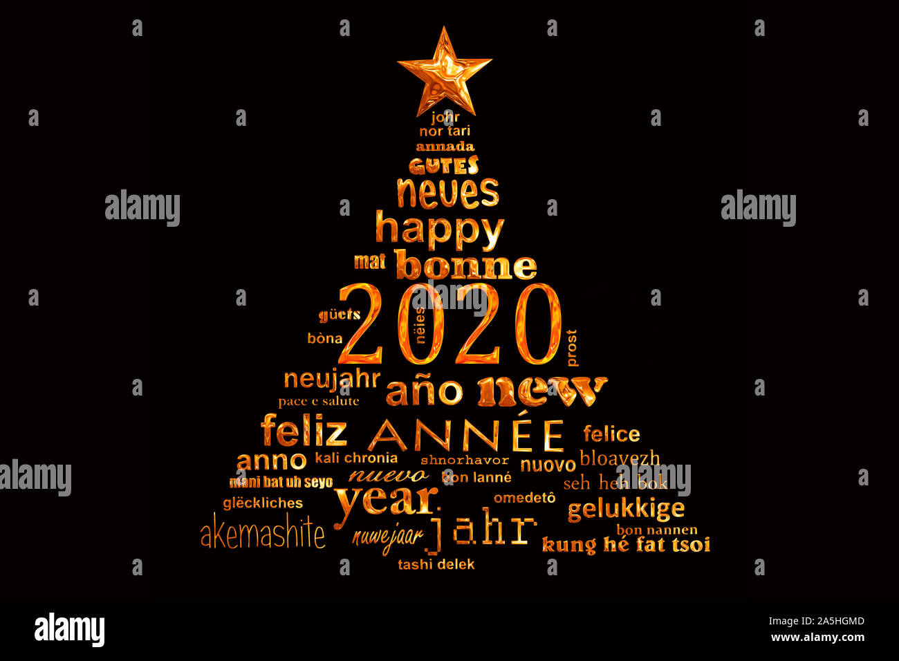 2020 Neue Jahr Mehrsprachig golden Text Wort cloud Grußkarte in der Form eines Weihnachtsbaumes Stockfoto