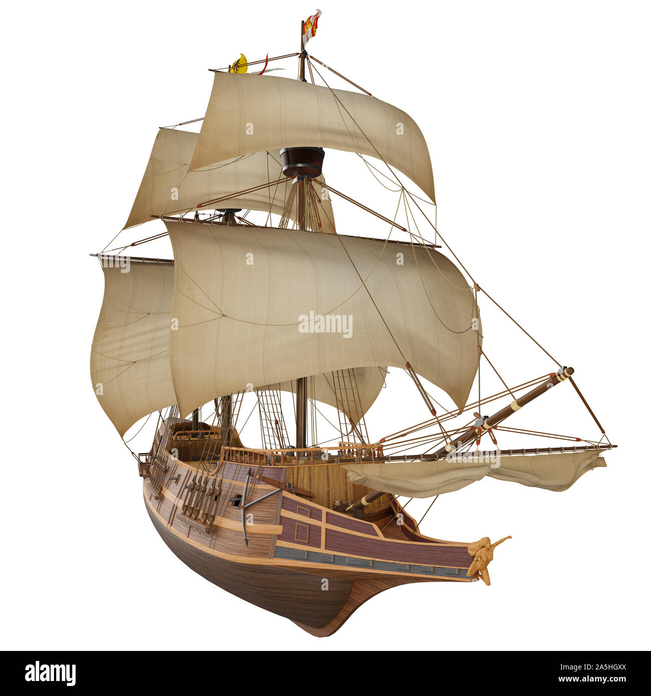 3D-Modell des historischen Schiffes spanische Galeone isoliert auf den weißen Hintergrund. Render Abbildung. Stockfoto