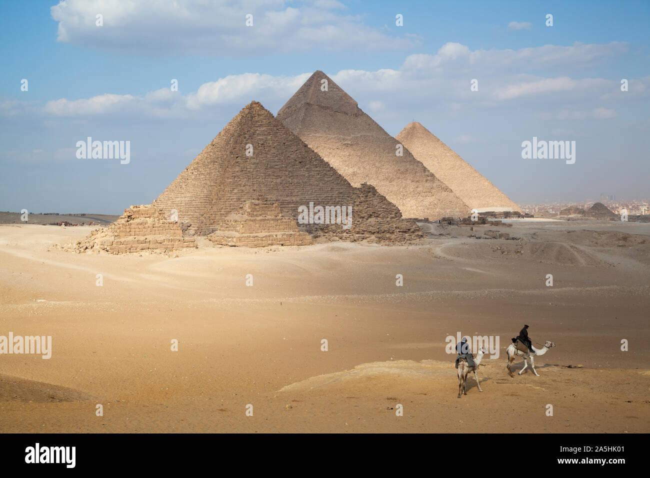 Ägypten, Gizeh, Pyramiden von Gizeh mit Männern auf Kamele. Stockfoto