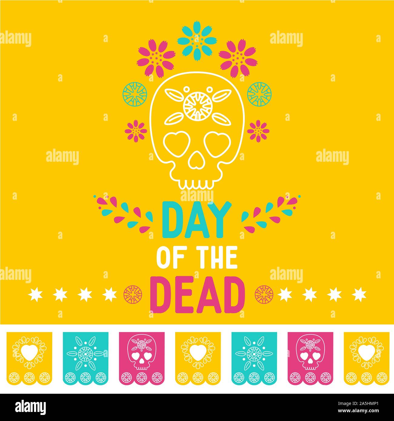 Tag der Toten, Dia de los Muertos gelben Hintergrund, square Banner, Grußkarte. Vector Illustration mit Zucker Schädel oder Calavera, Blumen Stock Vektor