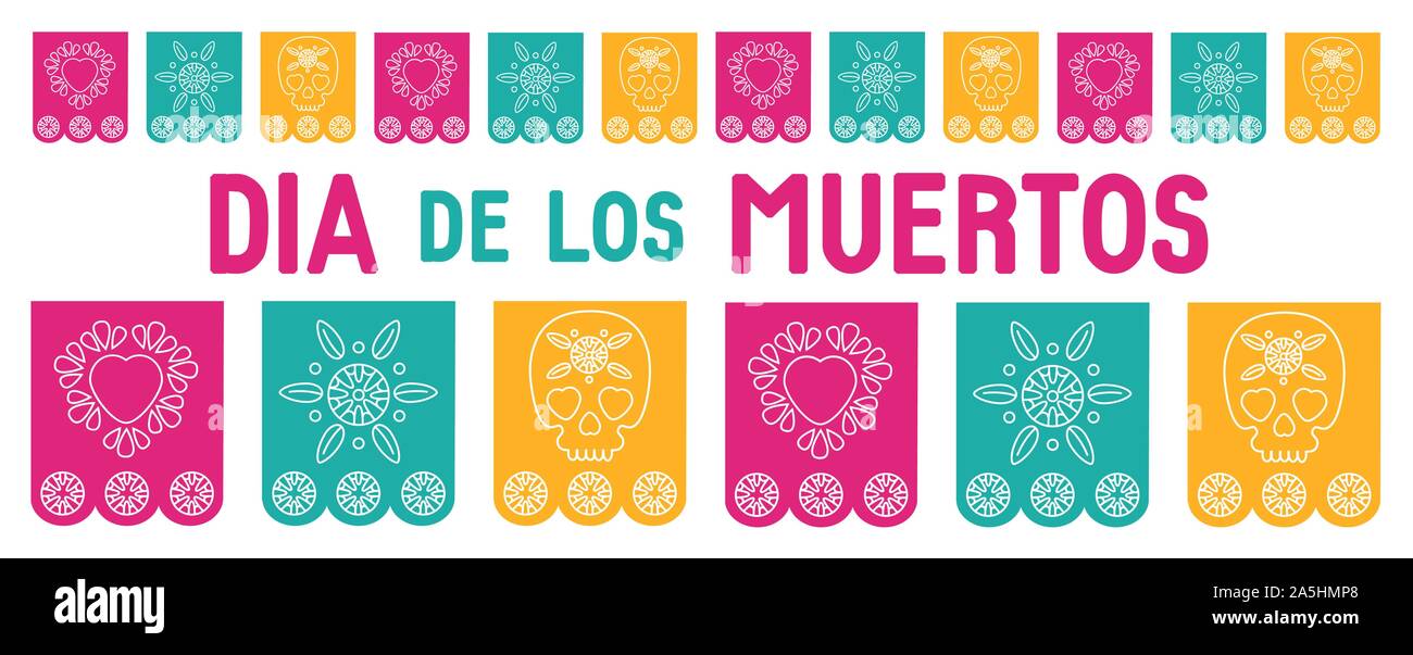 Tag der Toten, Dia de los Muertos, Abdeckung für Website, Social Media, Hintergrund, Banner, Grußkarte. Vector Illustration mit mexikanischen Bunting, su Stock Vektor