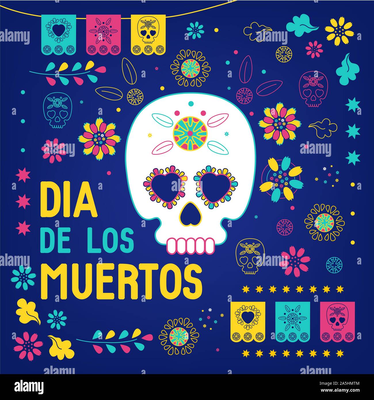 Tag der Toten, Dia de los Muertos blauen Hintergrund, Quadrat Banner, Grußkarte. Vector Illustration mit Zucker Schädel oder Calavera, Blumen und Text, Stock Vektor