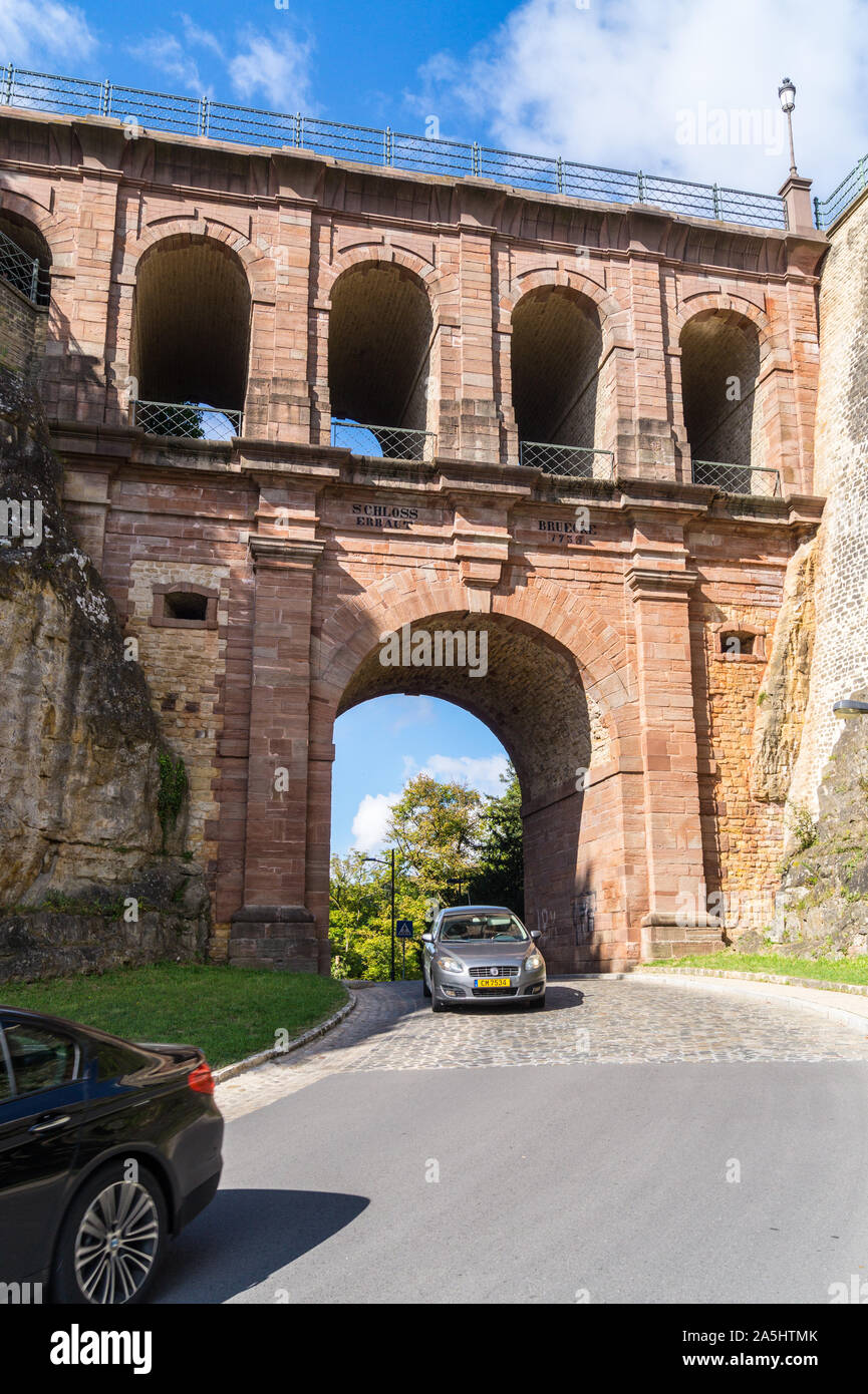 Schlassbreck, Burg Brücke, 1735, Bock-kasematten Befestigungsanlagen, Wengen, der Stadt Luxemburg, Großherzogtum Luxemburg Stockfoto