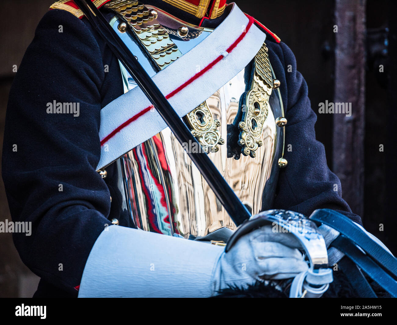 Horse Guards London - Nahaufnahme Detail eines montierten Trooper der Household Cavalry Blues und Royals auf der Hut in Whitehall, London Stockfoto