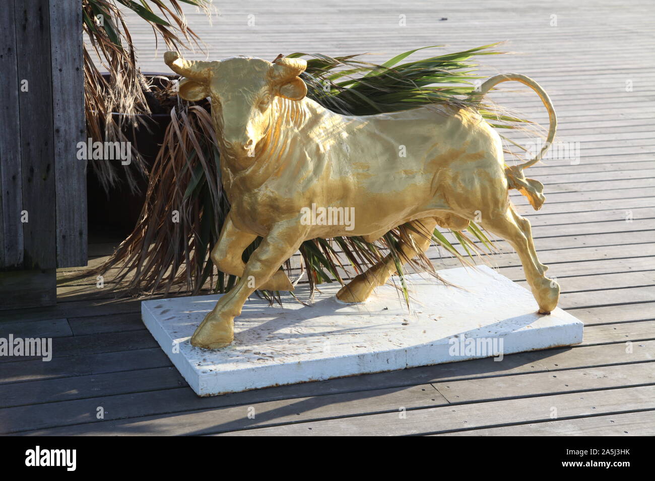 Eine goldene Bulle Statue auf Marmor Sockel, Stier, über Hastings Pier, 2019 Stockfoto