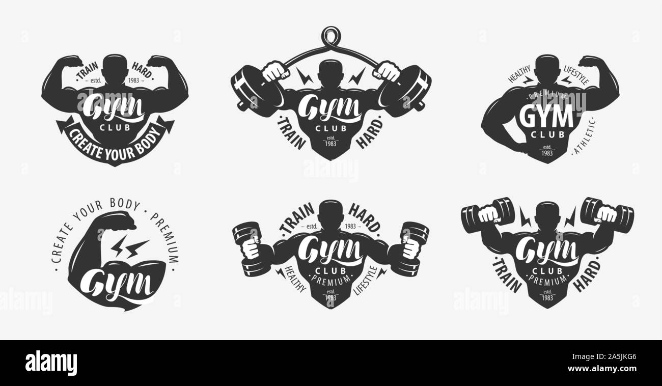 Gym Set von Logos und Labels. Sport, Fitness-Konzept. Vektorgrafik Stock Vektor