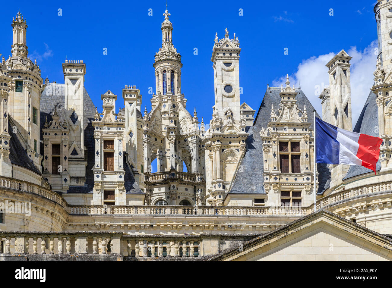 Frankreich, Maine et Loire, Loire-Tal UNESCO Weltkulturerbe, Chambord, das Königsschloss, die Flagge Frankreichs, Dächer und Schornsteine // Frankreich, Loir-et-C Stockfoto