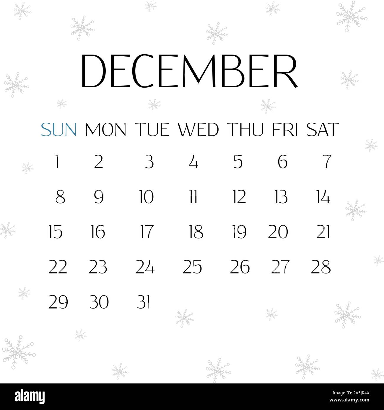 Kalender für Dezember 2019. Weißer Hintergrund mit Schneeflocken. Winter  Abbildung Stock-Vektorgrafik - Alamy