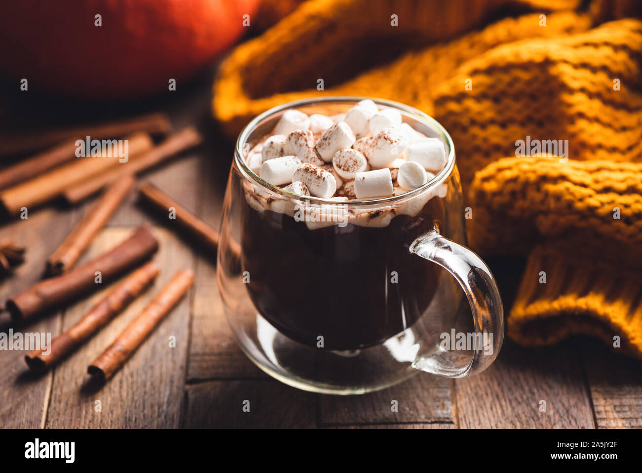In Tasse heiße Schokolade mit Marshmallows und Zimt auf Holztisch. Doppelten Boden Glas Becher mit heißer Schokolade, Erwärmung gemütliche Herbst und Winter saison Stockfoto