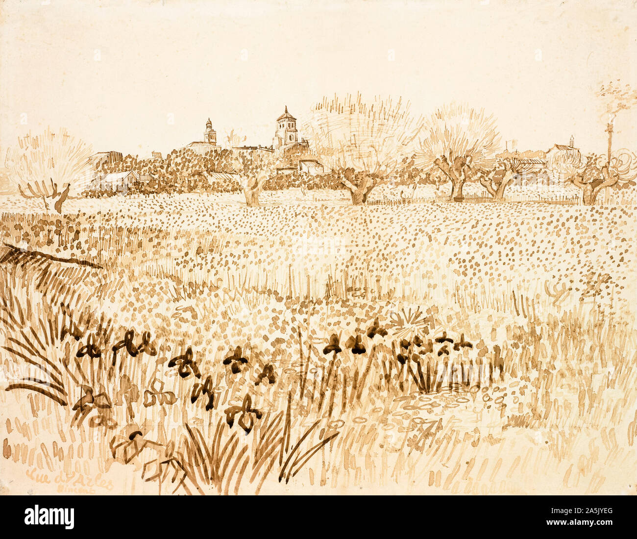 Vincent van Gogh, Landschaftszeichnung in Feder und Tinte, Blick auf Arles, 1888 Stockfoto