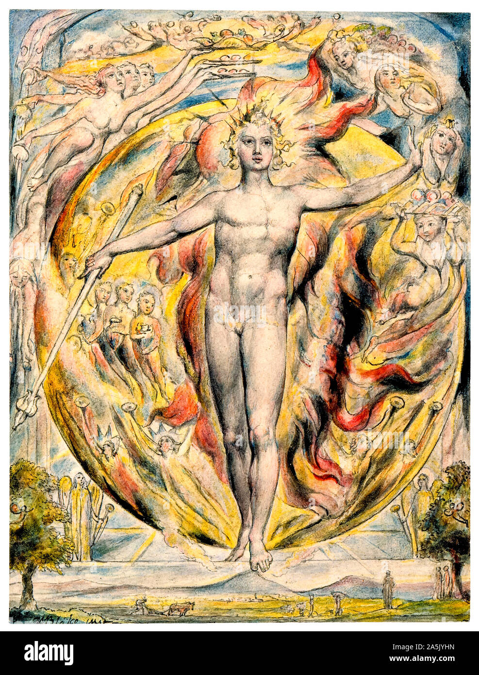 William Blake, die Sonne an seinem östlichen Tor, Aquarellmalerei über Stift und Tinte, Illustration, 1816-1820 Stockfoto