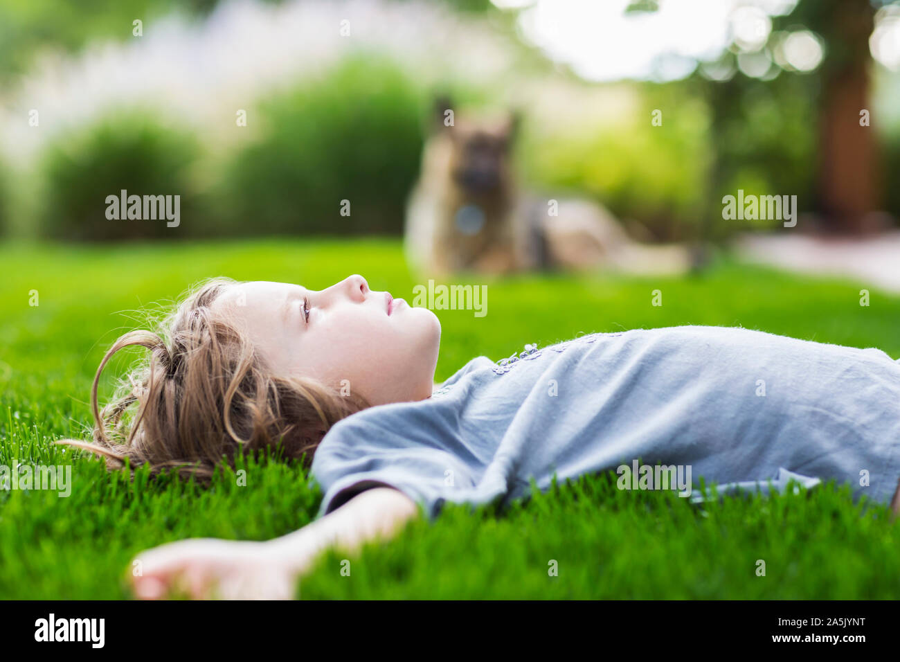 5 Jahre alter Junge liegend auf saftig grünen Rasen bis suchen Stockfoto
