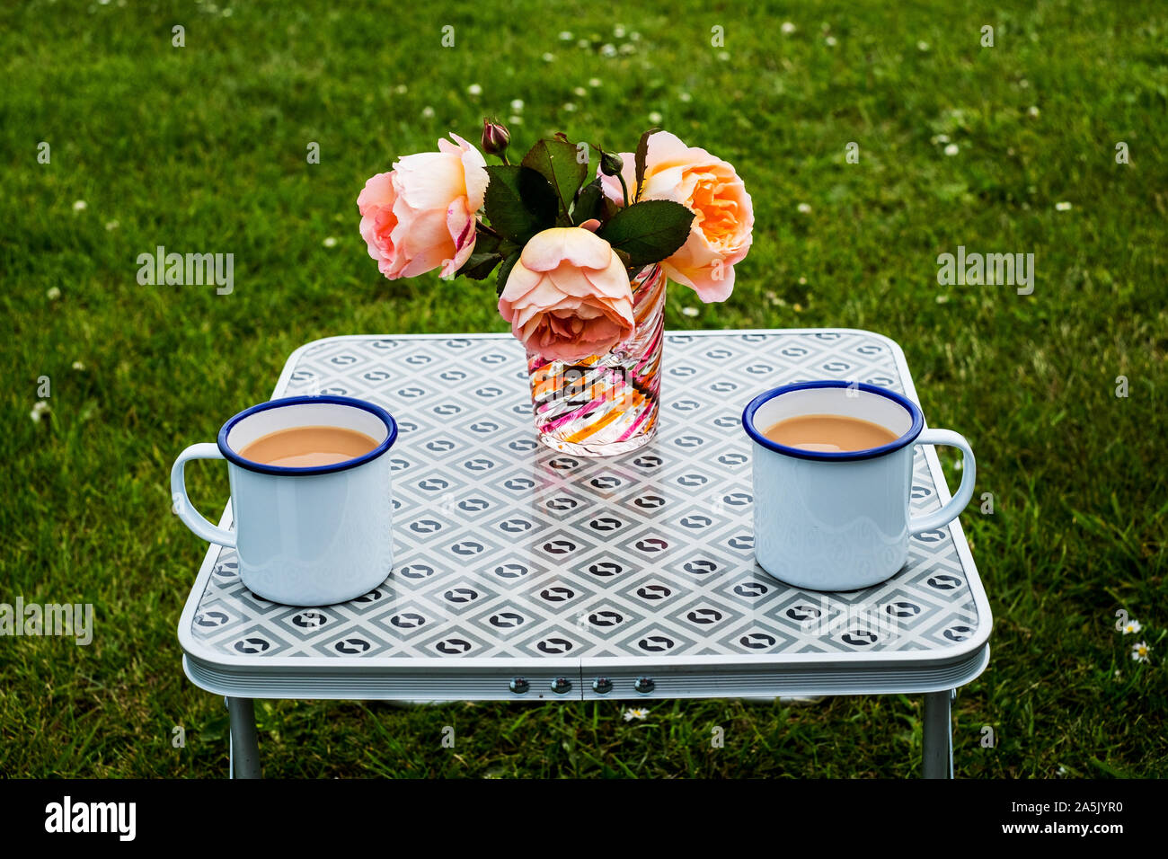 Hohen winkel Nahaufnahme von Tee in weiß emaillierten Becher und Vase mit rosa Rosen auf Picknicktisch. Stockfoto