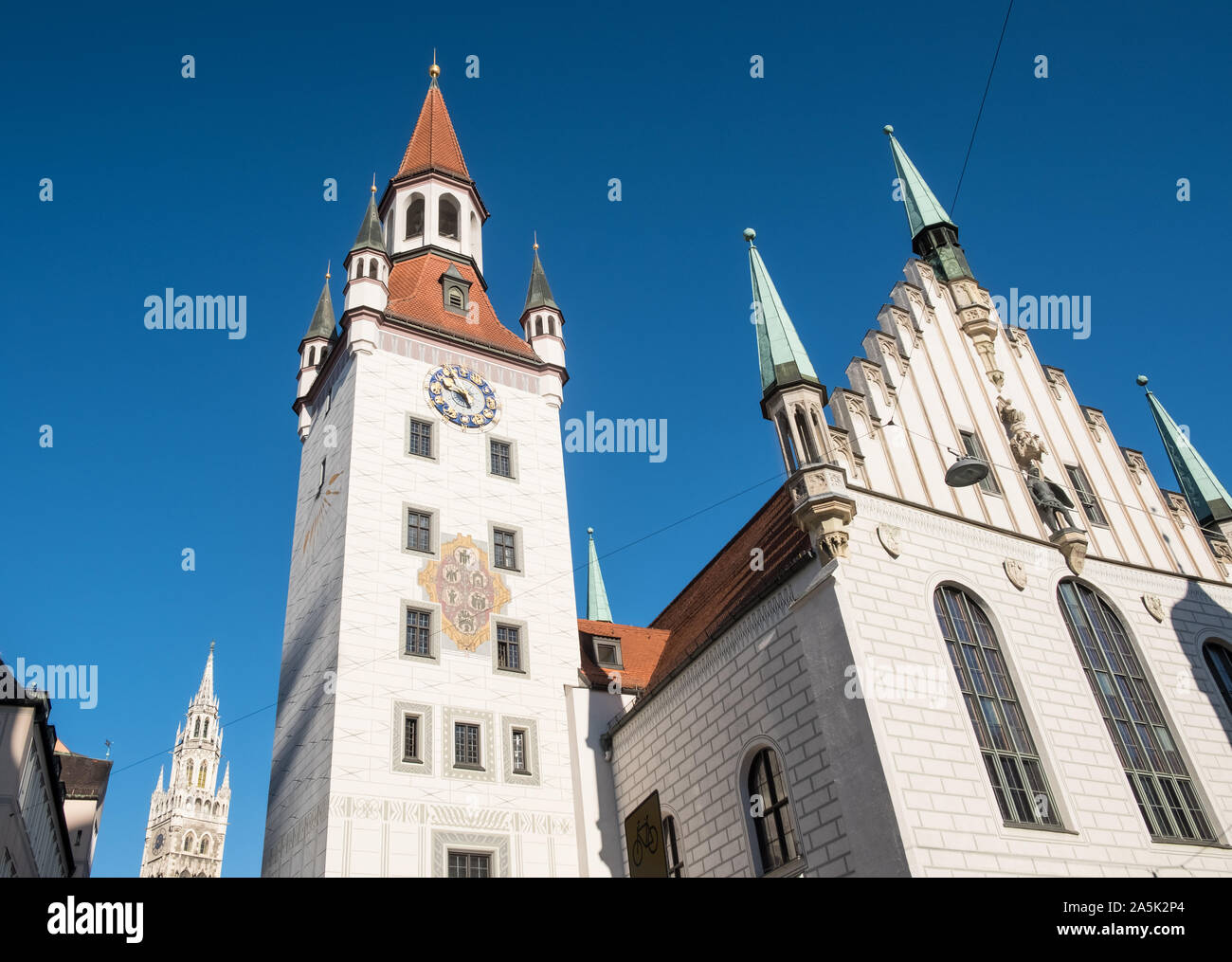 Äußeren Abschnitt des Alten Rathaus Gebäude (Altes Rathaus) und Clock Tower, Altstadt, München, Bayern, Deutschland Stockfoto