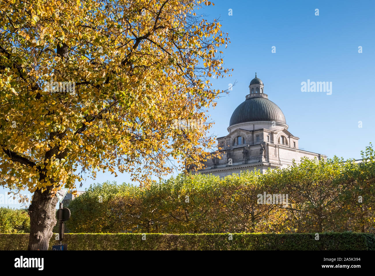 Hofgarten, München, Bayern, Deutschland. Die Kuppel der Bayerischen Staatskanzlei Gebäude mit in der Nähe Herbst (Oktober) farbige Bäume. Stockfoto