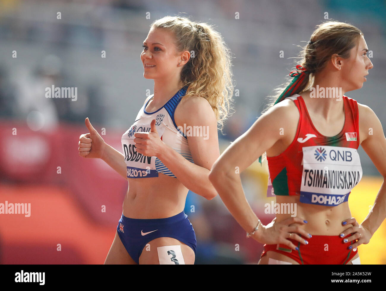 Großbritanniens Beth Dobbin reagiert nach der Fertigung in der 6. Wärme der Frauen 200 m 3. Stockfoto