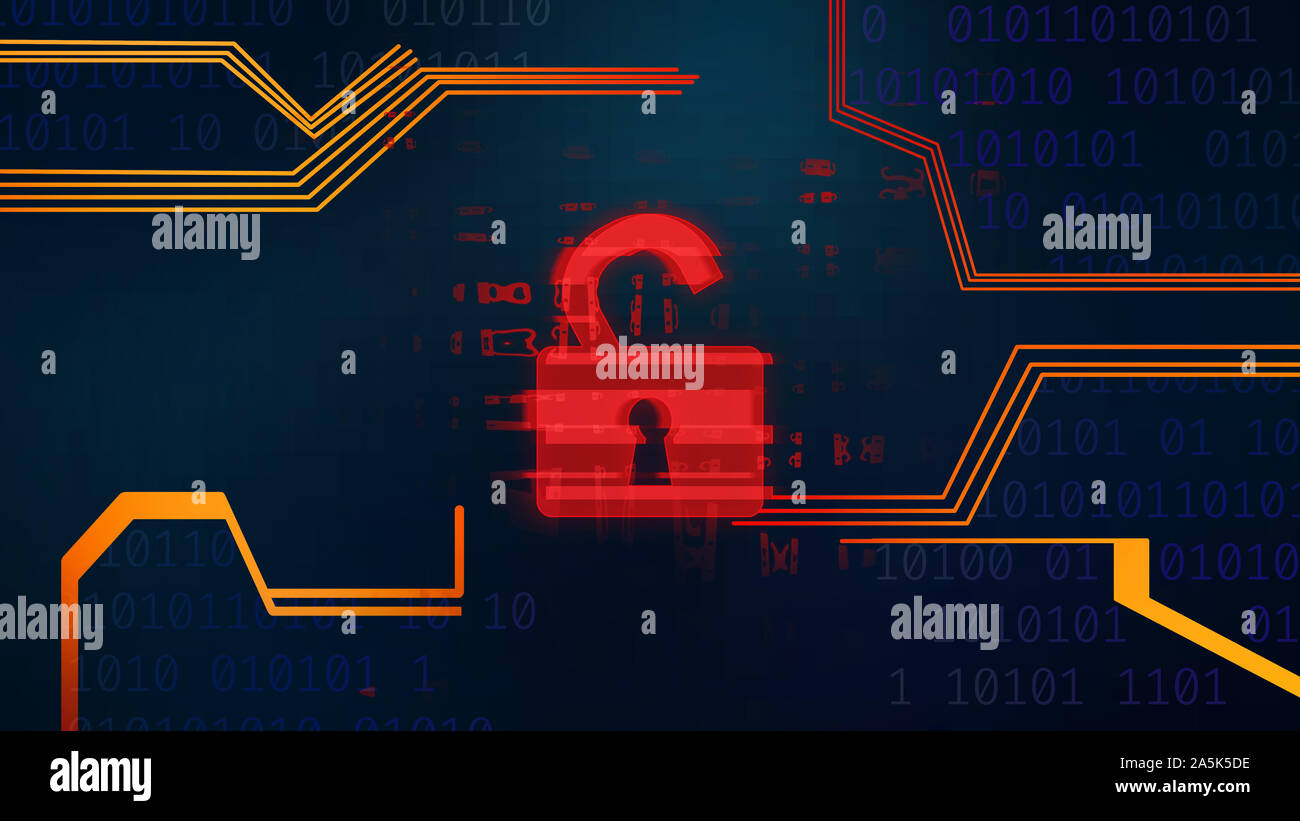 Cyber Security. Rot geöffnet Vorhängeschloss in der Digitalanzeige Stockfoto