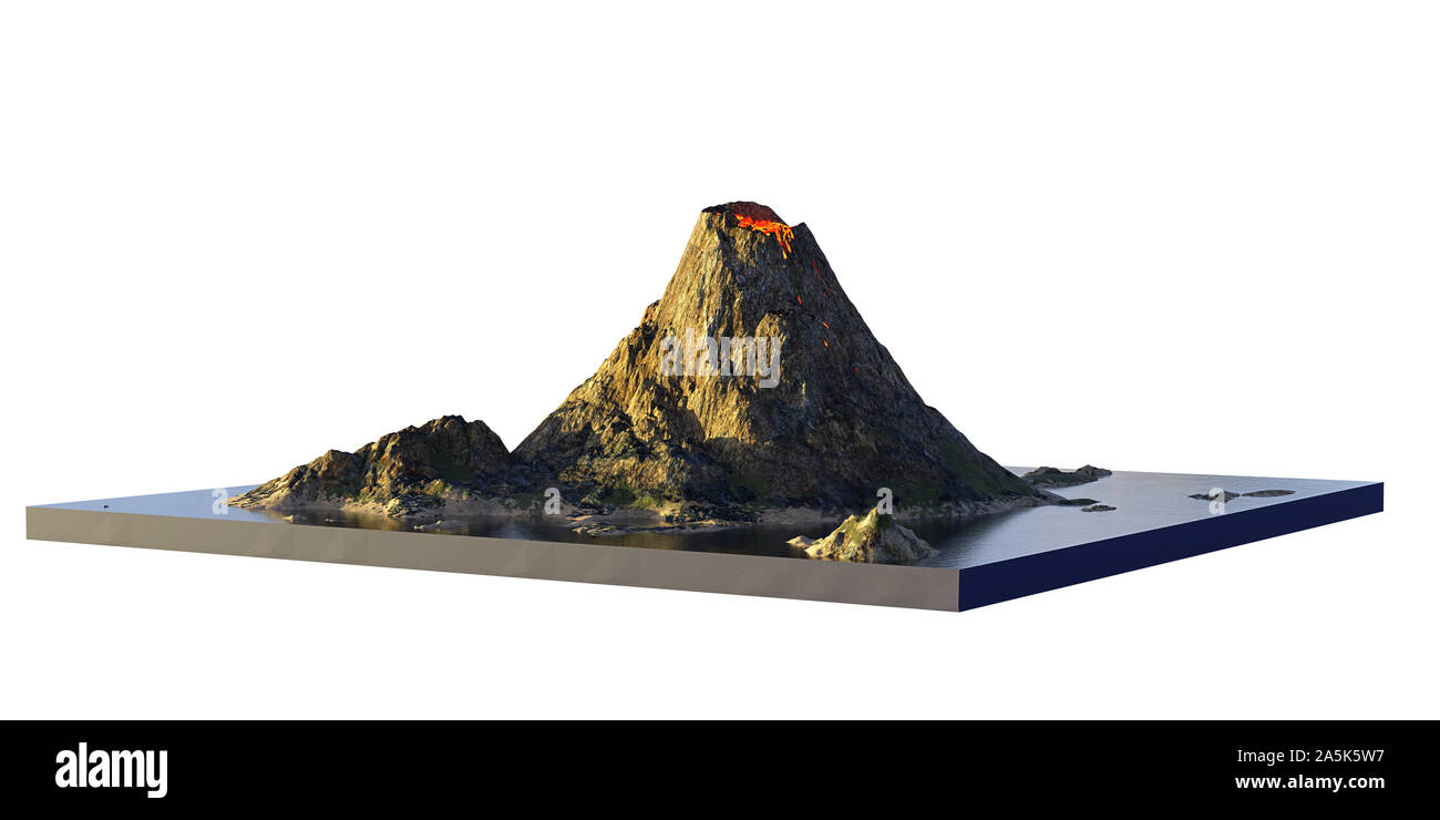 Vulkan ausbricht Lava, Querschnitt Modell der Insel mit Vulkanismus auf weißem Hintergrund Stockfoto