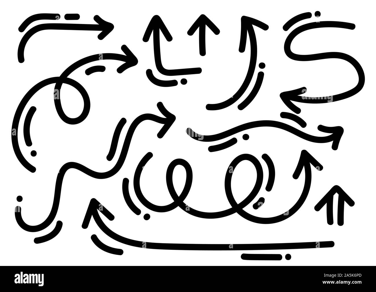 Abstrakte Monoline-versicherer Vektorpfeile eingestellt. Doodle handgemacht Marker. Isolierten Skizze bundle Illustration für Hinweis, Business Plan, grafische Darstellung Stock Vektor