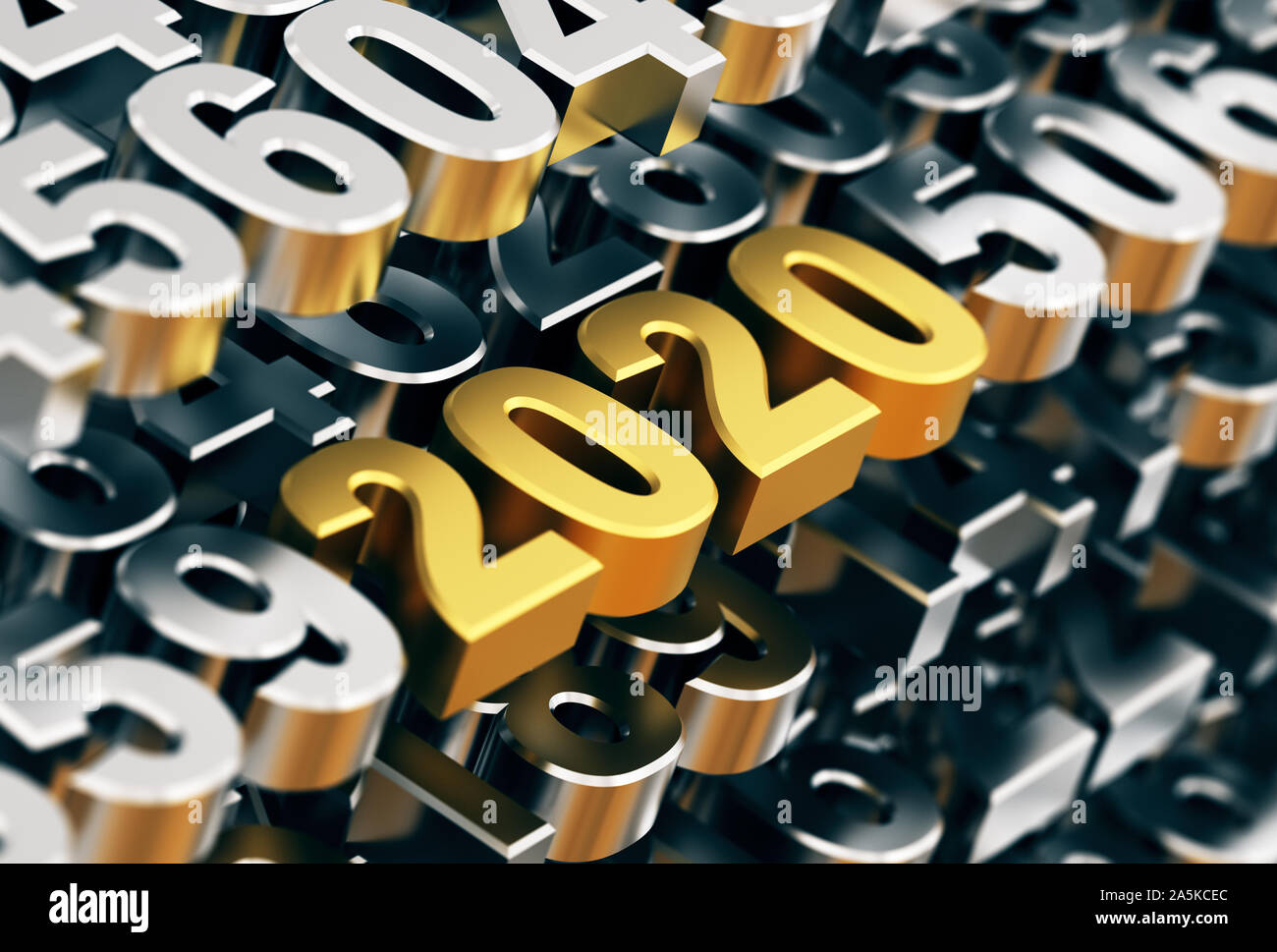 Digitale Matrix aus Metall Zahlen mit Goldenen Zahlen 2020. 3D-Darstellung. Stockfoto