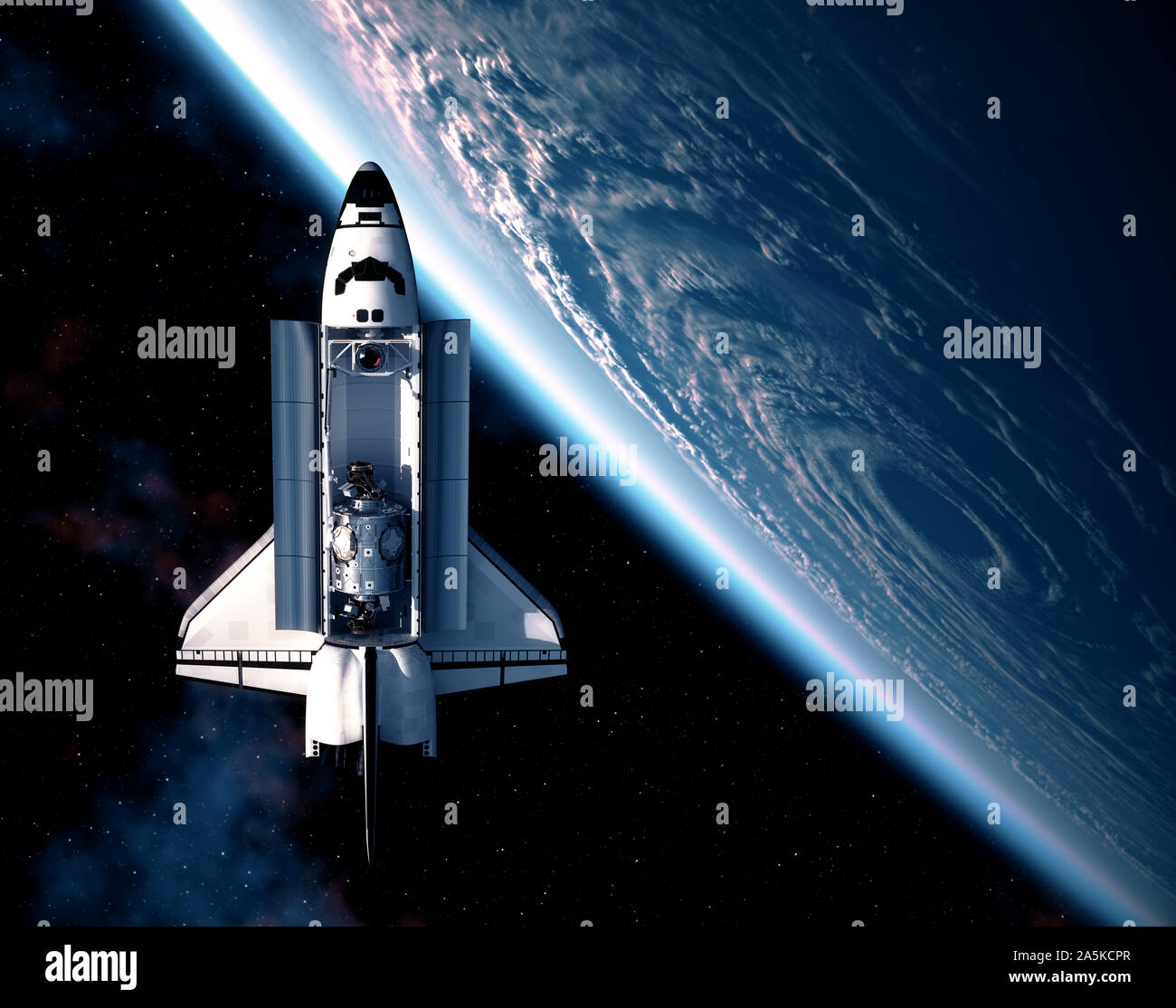 Space Shuttle auf dem Hintergrund der Großen Hurrikan. 3D-Darstellung. Stockfoto