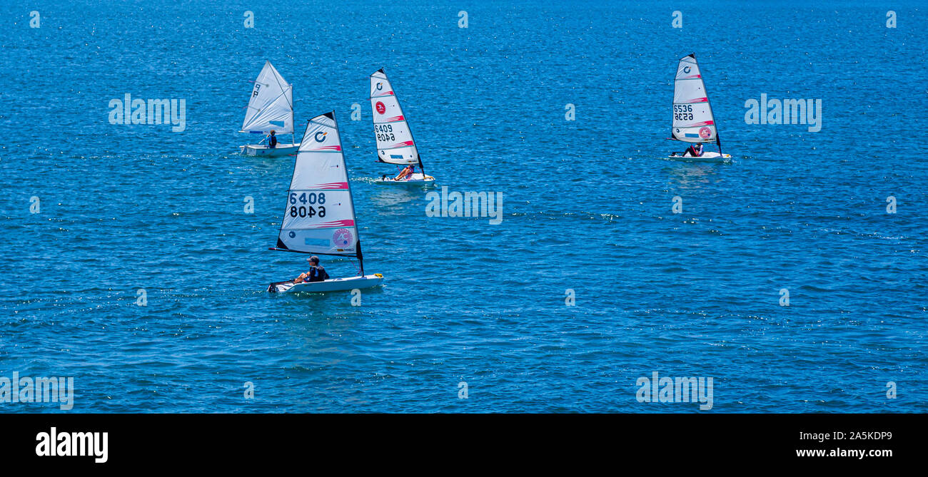 Vier Segelboote auf Blau Stockfoto