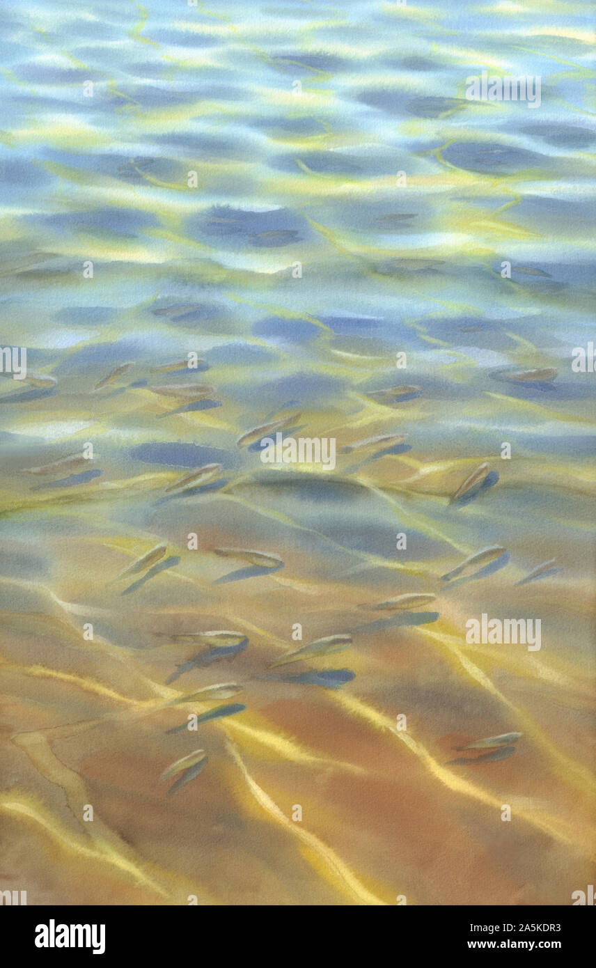 Sonnig mit transparenten Wellen und Fische Aquarell Hintergrund. Zusammenfassung Hintergrund Stockfoto