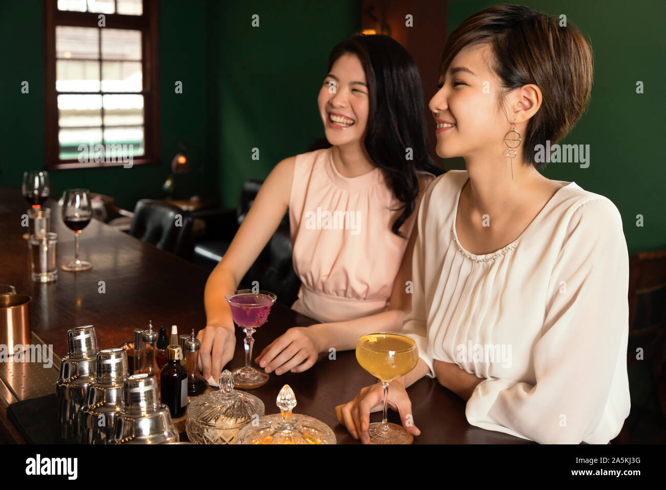 Zwei lächelnde junge Frauen entspannen und Cocktails an der Bar Counter Stockfoto