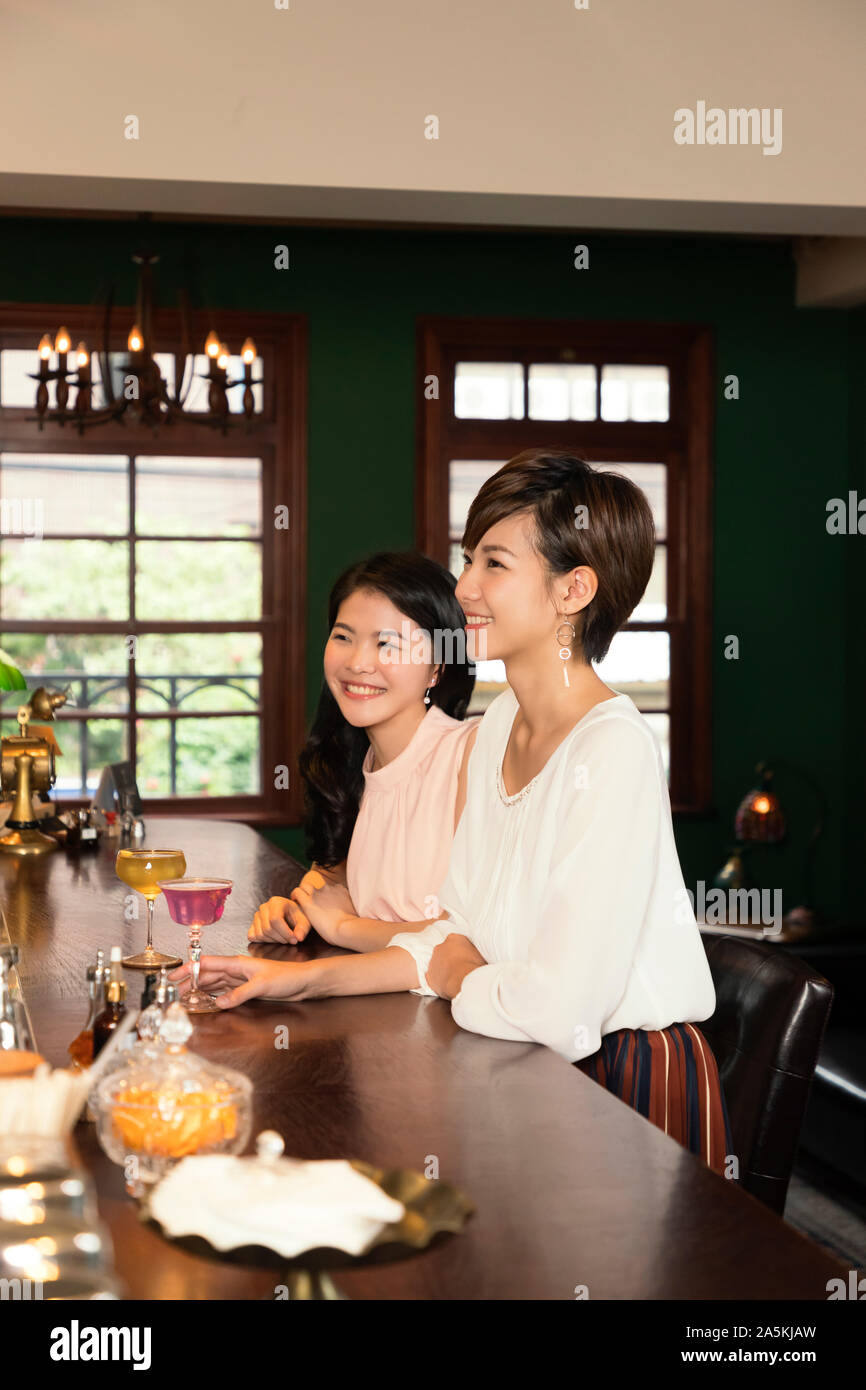 Zwei lächelnde junge Frauen entspannen und Cocktails an der Bar Stockfoto