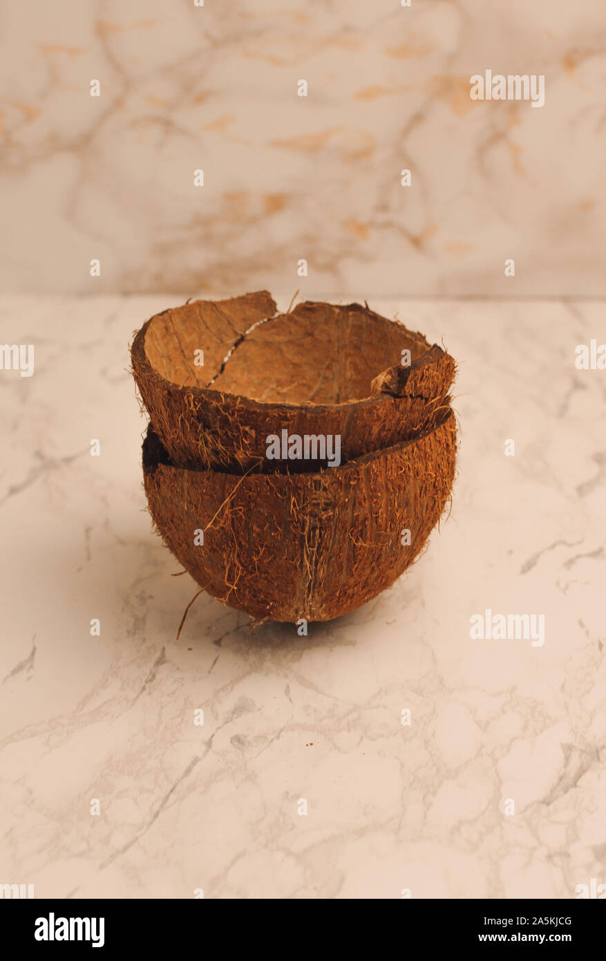 Zwei Hälften eines coconut Shell auf einem marmorboden Hintergrund, isolieren. Zukunft Futternäpfe null Abfall. Umweltfreundliches Material für Utensilien. Kopieren Stockfoto