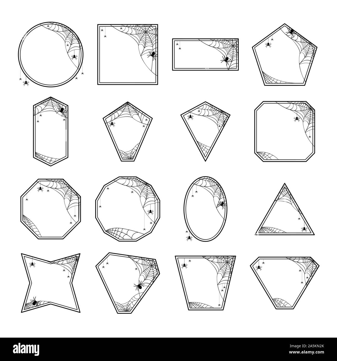 Halloween Frames mit Spiderweb, hängende Spinnen Spinnen sitzen. Verschiedenen geometrischen Formen. Vector Illustration Design dekorative Elemente. Auf weissem Hintergrund Stock Vektor