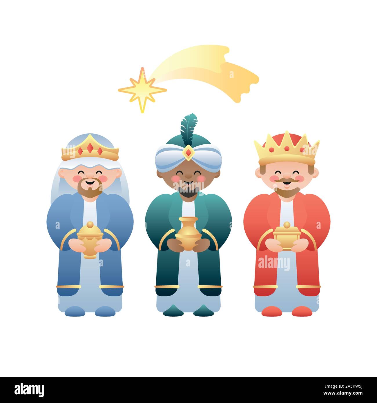 Weihnachten Abbildung. Die Drei Könige oder Drei Weisen und das Bethlehem Shooting Star auf Weiß. Niedliche Comicfiguren. Vector Illustration. Stock Vektor