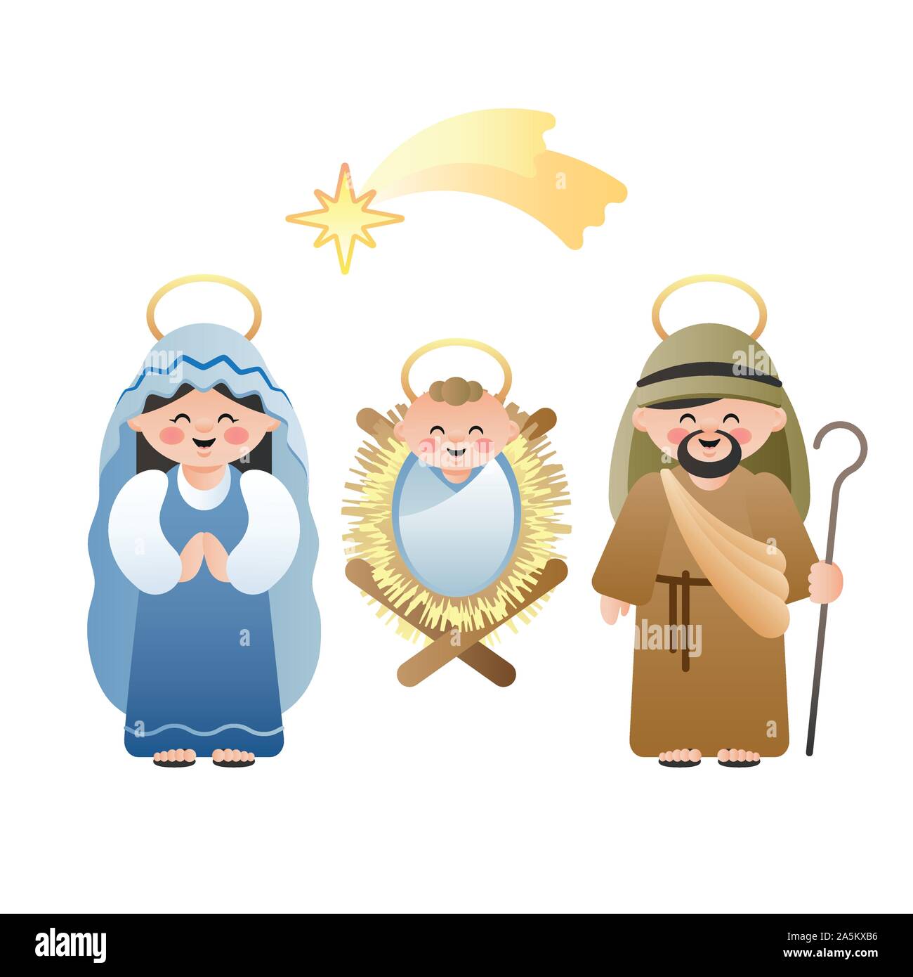 Weihnachten Krippe. Der Heiligen Familie und der Bethlehem Shooting Star auf Weiß. Niedliche Comicfiguren. Vector Illustration. Stock Vektor