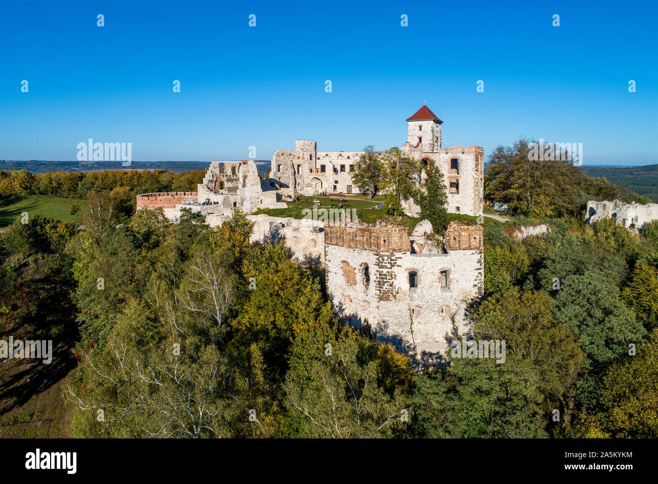 Die Ruinen der mittelalterlichen Burg Tenczyn in Rudno in der Nähe von Krakau in Polen. Luftaufnahme im Herbst Stockfoto