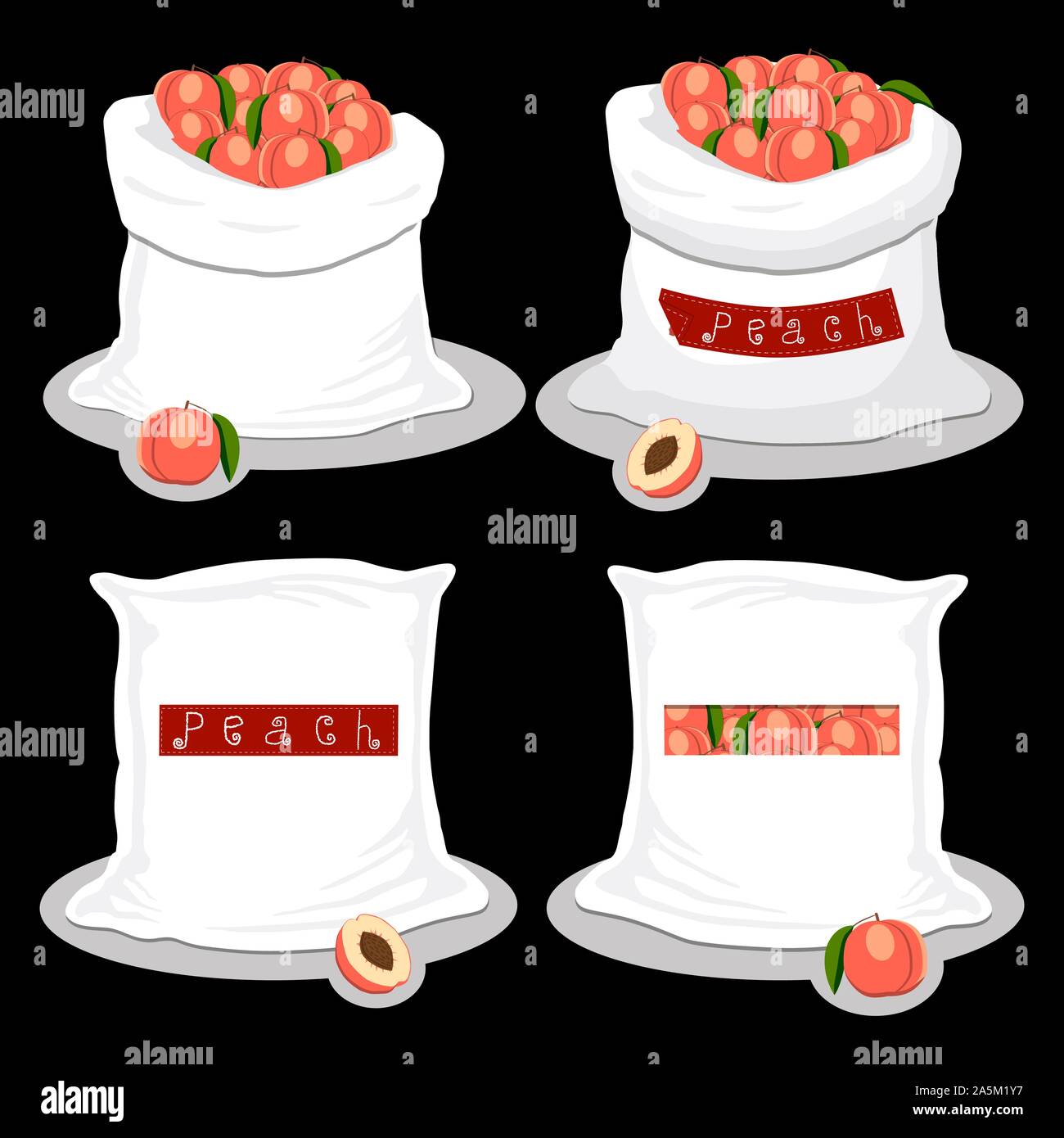 Vektor icon Abbildung: Logo für Beutel gefüllt mit Obst Pfirsich, Lagerung in Säcken. Pfirsich Muster bestehend aus reif essen, Rohstoff auf offenen Sack. Tas Stock Vektor