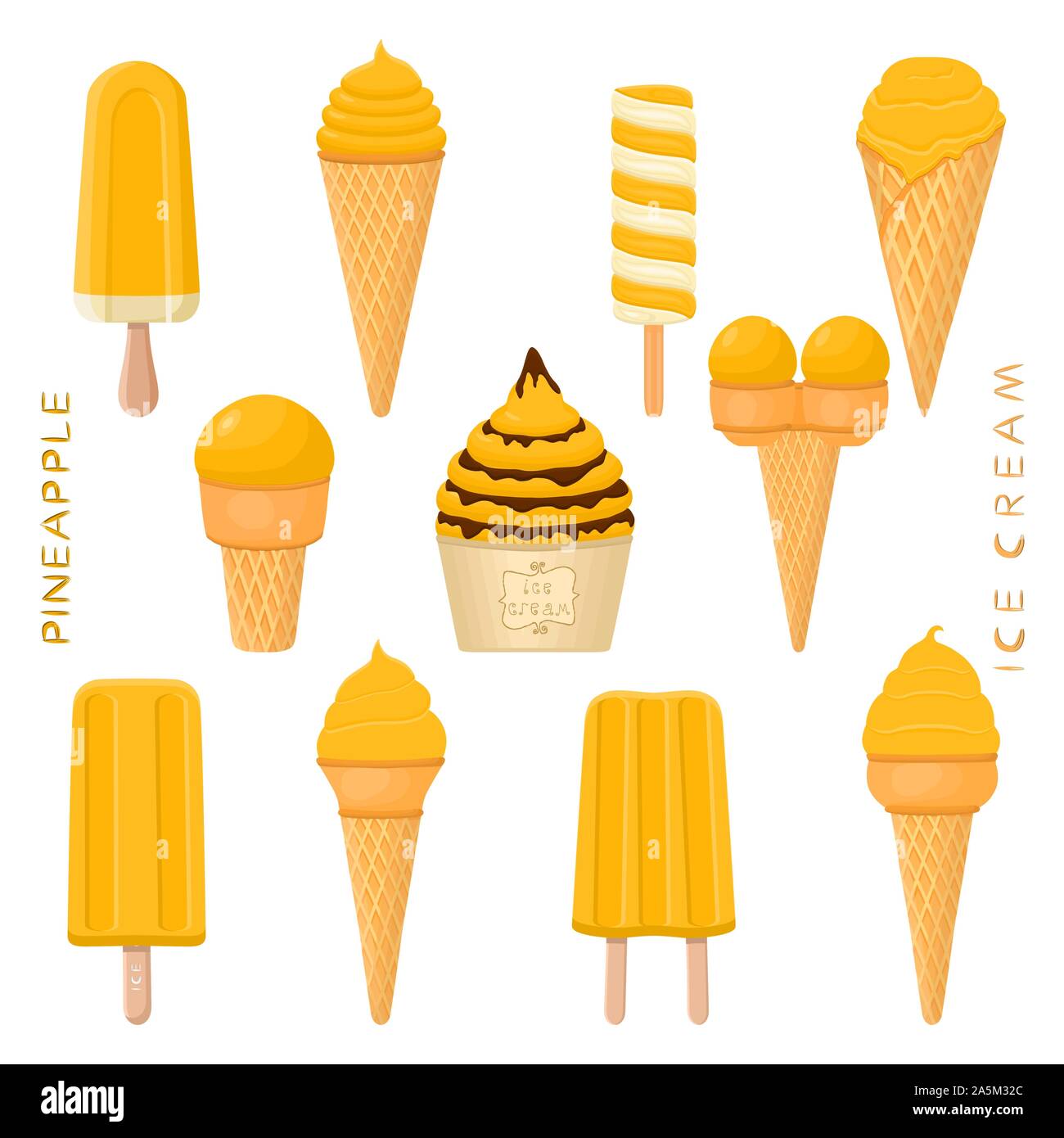 Vector Illustration für natürliche Ananas Eis auf Stick, in Papier Schalen-, Wafer- Kegel. Eis mit süßen kalt Eis Lolly, tast Stock Vektor