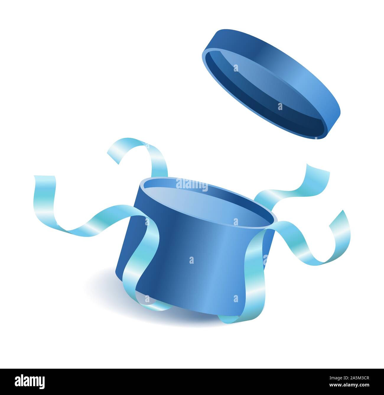 Blau geöffnet 3d realistische runde Geschenkkarton mit Fliegen und Bänder und Platz für Ihren Text, realistisch, Vector Illustration. Stock Vektor