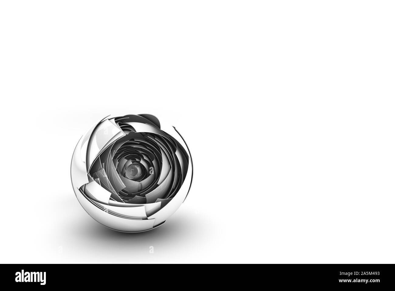 Ein High-tech-abstrakten weißen retroreflektierenden Kugel mit mehreren verschachtelten Schichten auf einem weißen Hintergrund. 3D. Es gab jede Menge saubere helle negativen Raum für Kopieren. Stockfoto