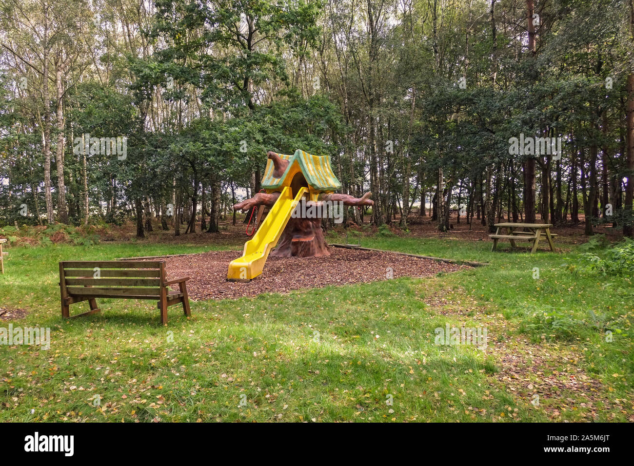 Im bewaldeten Bereich Spielplatz in Nottinghamshire Stockfoto