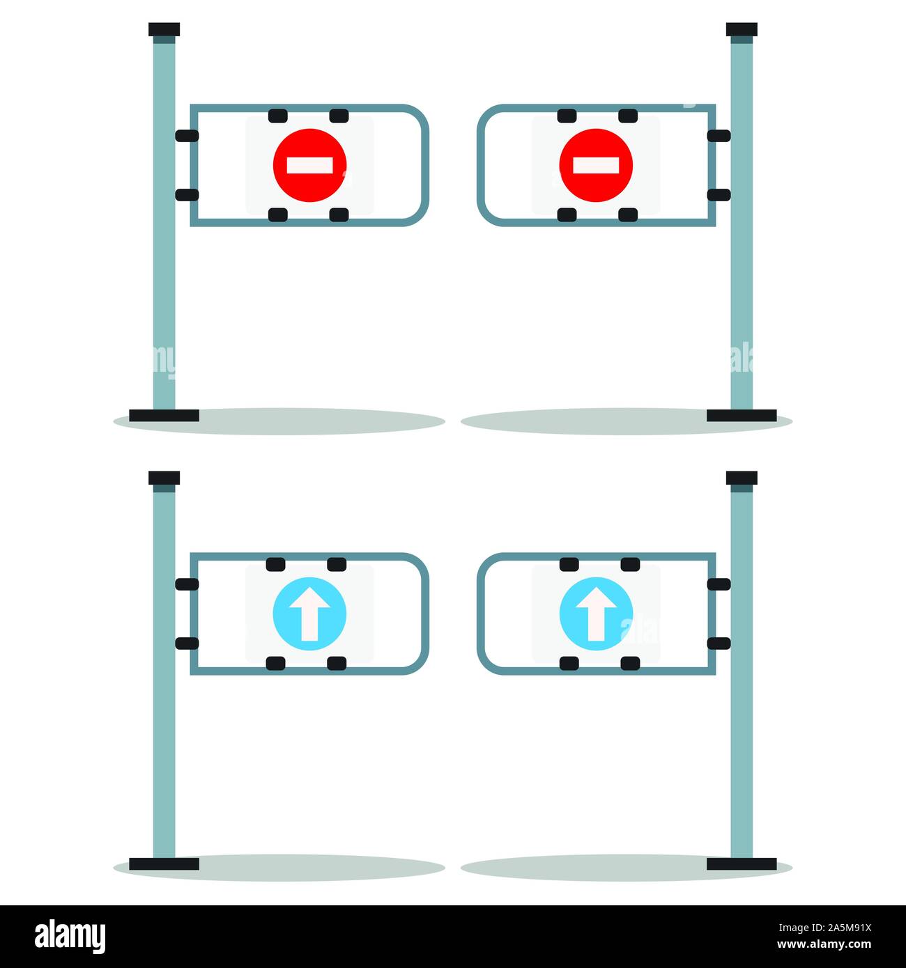 Vector Illustration Satz von Shop Eingangstor mit weißer Pfeil auf blauem Runden und rote STOP-Zeichen auf weißem Hintergrund. Drehkreuz. Gehen und Ba Stop Stock Vektor