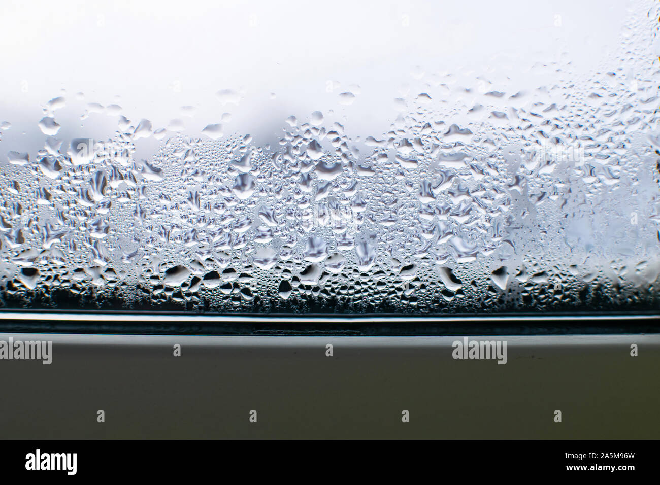 Regentropfen auf Fensterscheiben im Herbst. Kondensat auf dem Fenster. Stockfoto