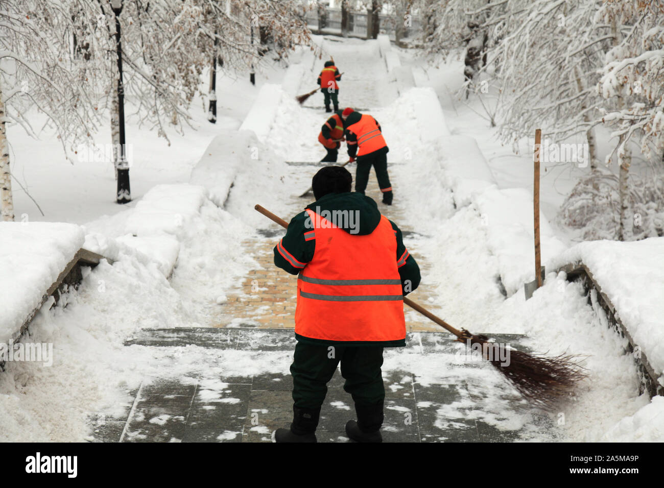 Kiew, Ukraine - Dezember 14, 2018: Frauen reinigen Sie den Schnee mit Besen in der zentralen Teil von Kiew. Utilities service im Central Park im Winter Stockfoto