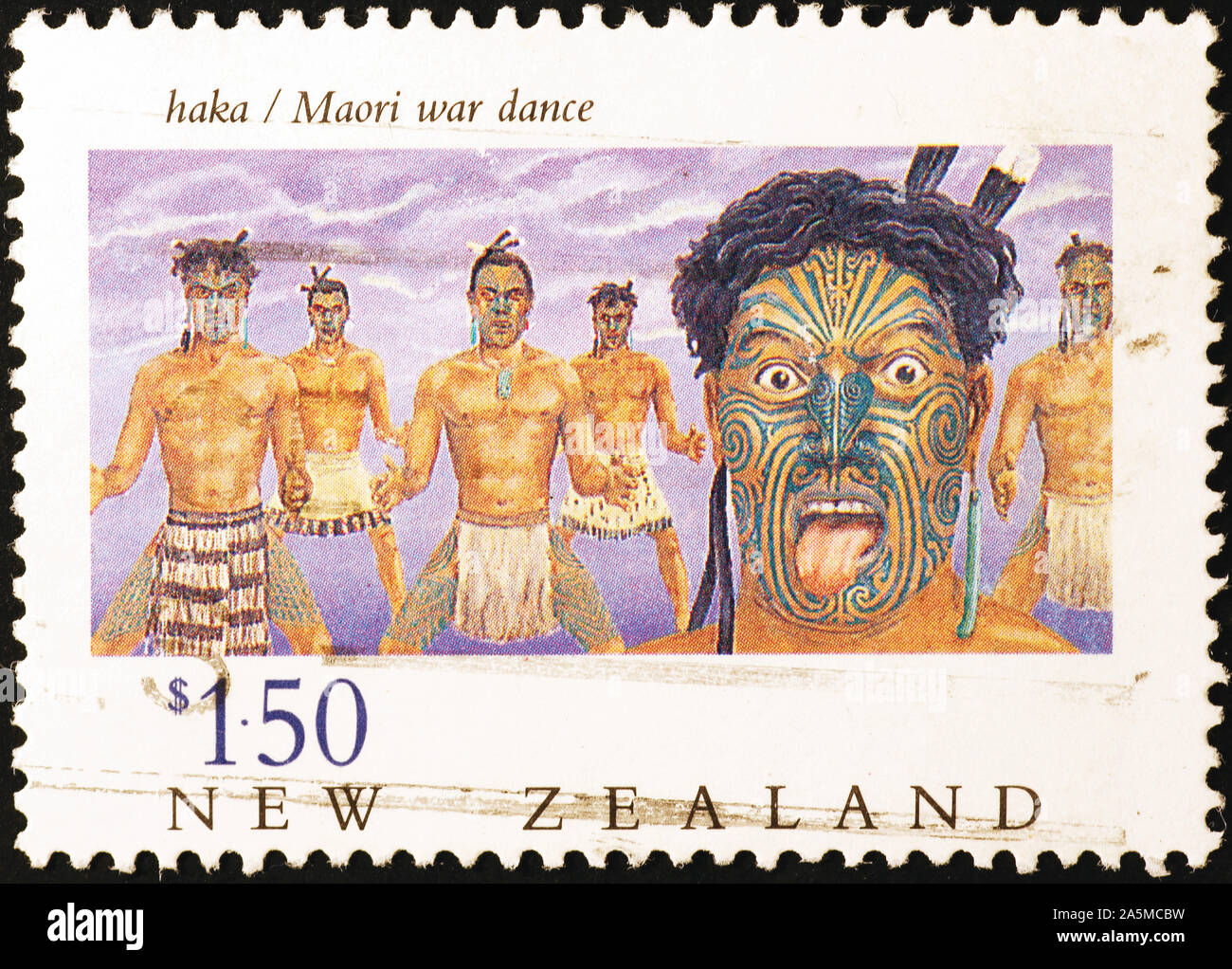 Maori Krieg Tanz auf Neuseeland Briefmarke Stockfoto