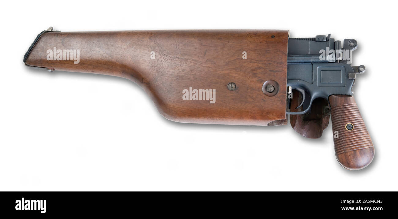 Antiken Deutschen broomhandle Pistole um 1926 innerhalb der Holz- schulter Lager Ablagefach. Stockfoto
