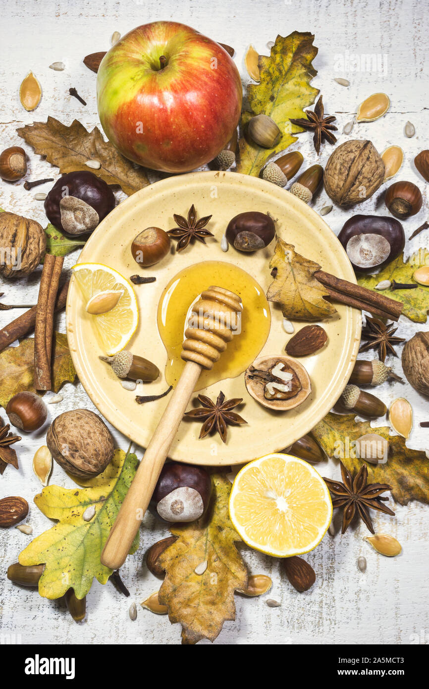 Herbst Zusammensetzung mit Nüssen, Honig, Samen, Gewürze, Eicheln, Kastanien, Früchte und Blätter im Herbst. Ansicht von oben, flach. Stockfoto