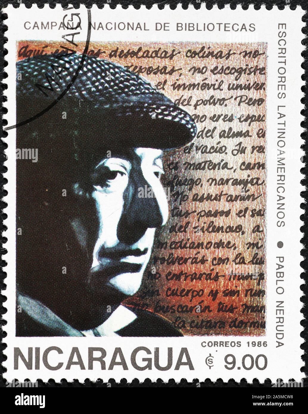 Pablo Neruda Portrait auf Briefmarke von Nicaragua Stockfoto