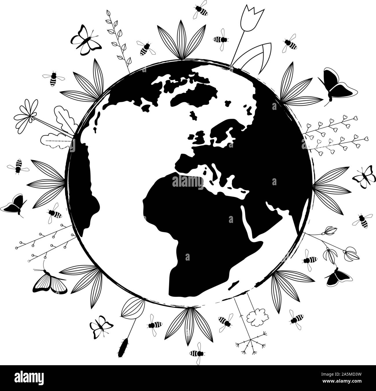 Vector Illustration. Schwarze und weiße Planet Erde mit Blumen, Schmetterlinge und Bienen. Stock Vektor