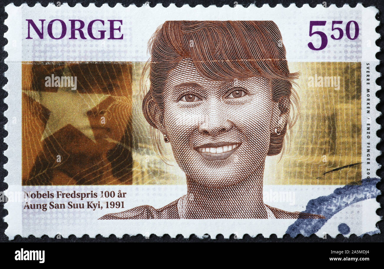 Aung San Suu Kyi auf norwegische Briefmarke Stockfoto
