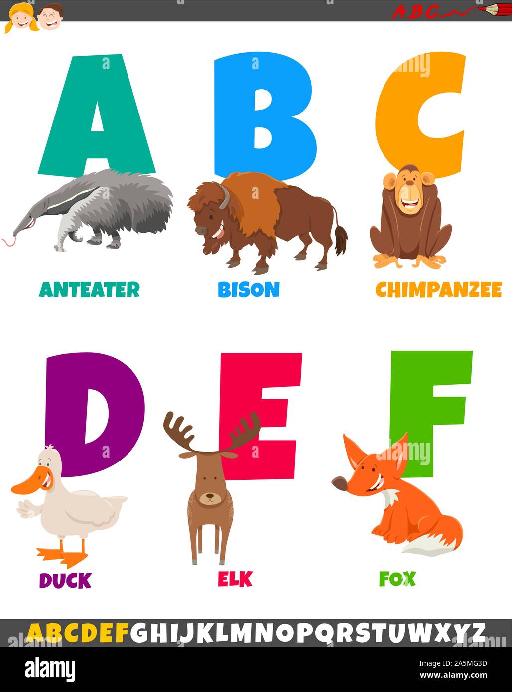 Cartoon Illustration von bunten Alphabet Set aus Buchstaben A bis F mit lustigen Tier Zeichen Stock Vektor
