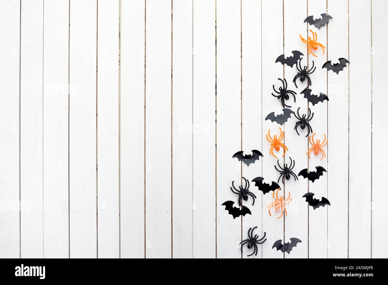 Halloween, Dekoration und beängstigend Konzept. Schwarzes Papier Fledermäuse und Spinnen auf weißem Holz- Hintergrund Stockfoto